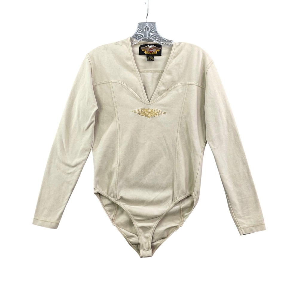 Harley Davidson Bodysuit Womens L Beige Long‎ Sleeve Gold Wing Logo V-Neck Biker